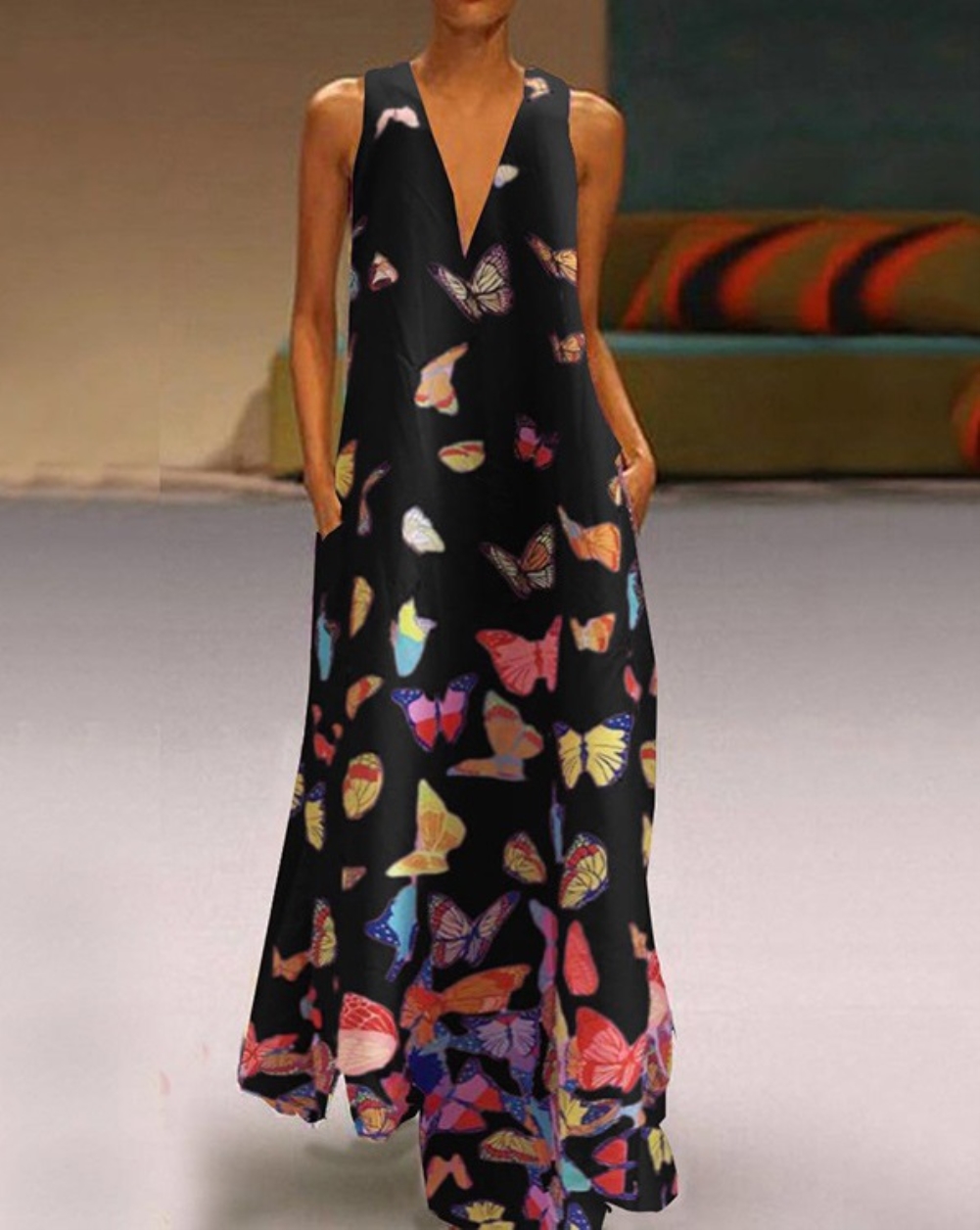 Butterfly Print Sleeveless Long Boho Dress