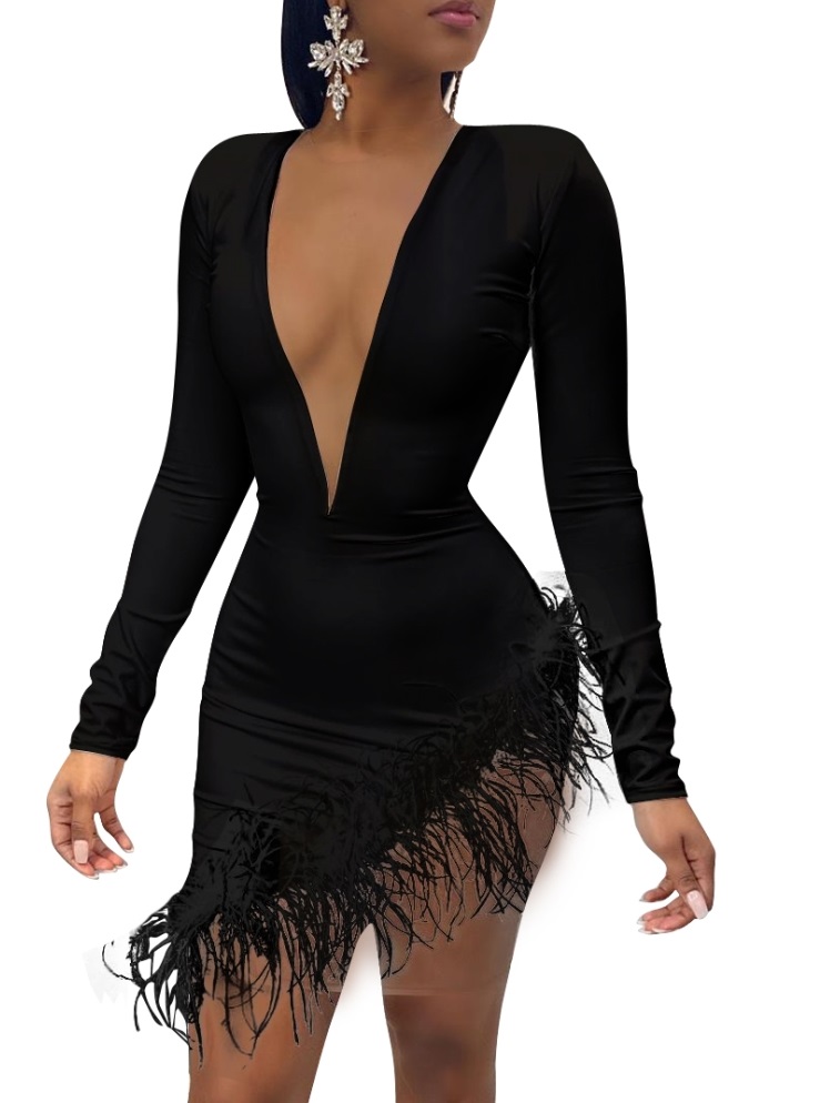 Deep-V Sexy Irregular Feather Dress with Sleeves