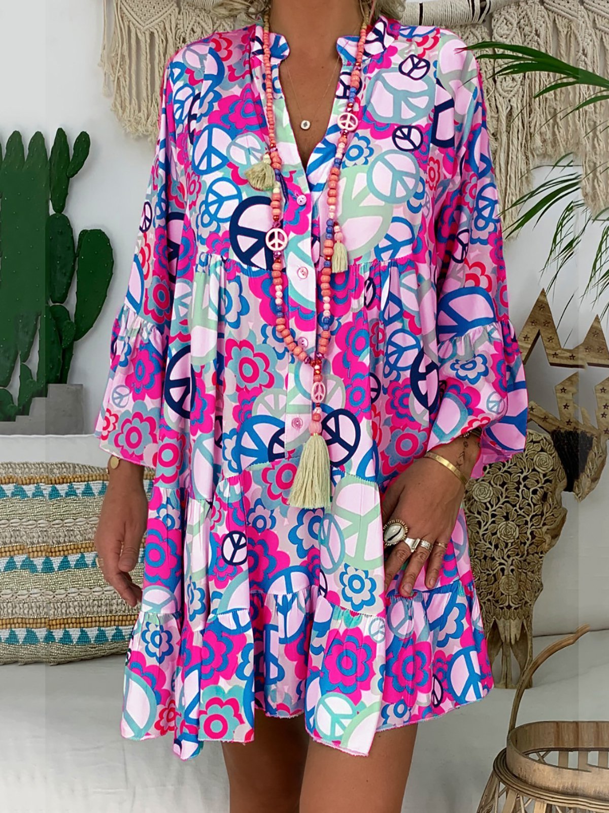 V Neck Buttoned Down Abstracy Printed Dresses