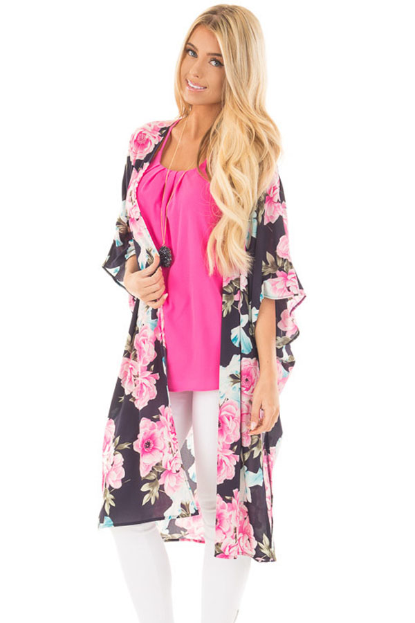 Black Floral Side Slit Boho Kimono