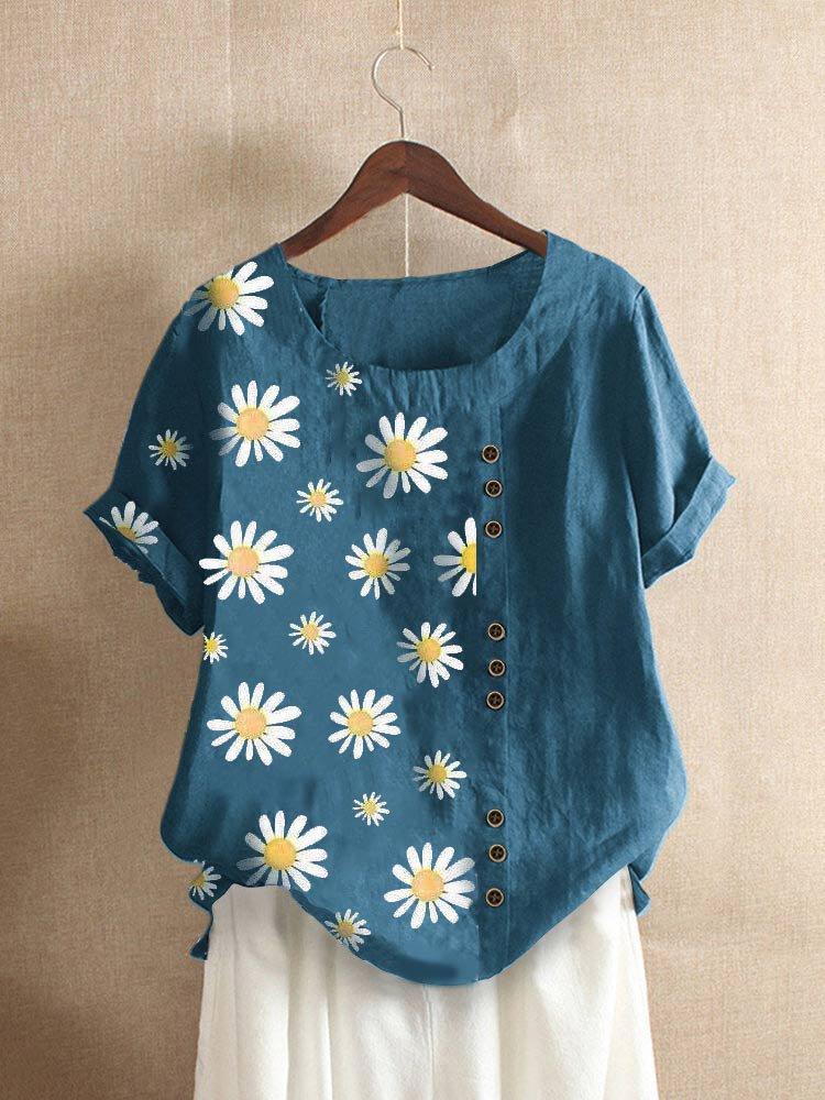 Daisy Floral Print Short Sleeve O-neck T-shirt For Women