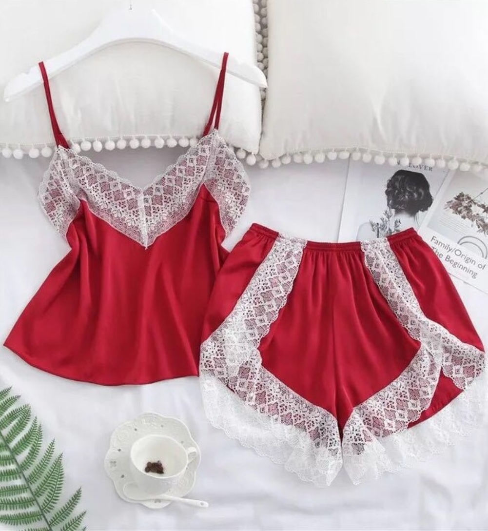 Sexy Lace Trims Two Piece Short Pajama Set