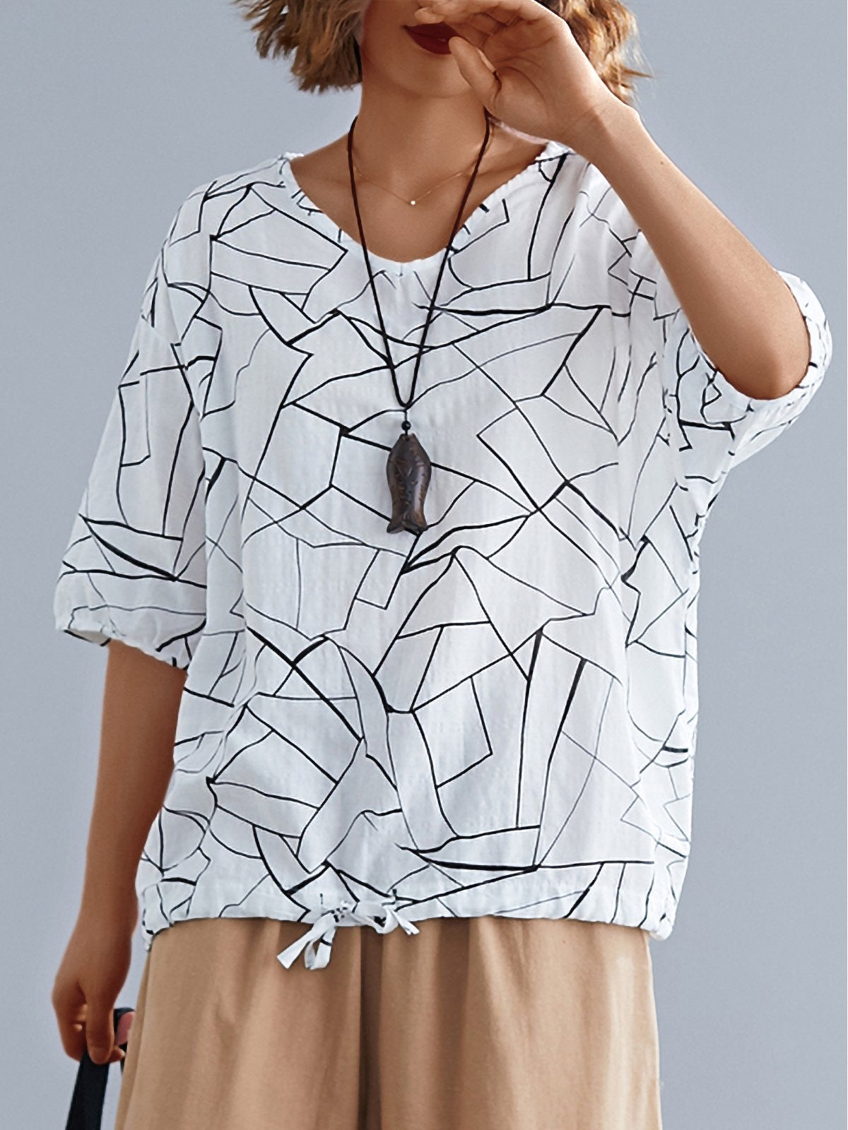 Simple Line Floral Short Sleeve Cotton And Linen Loose Casual Tops