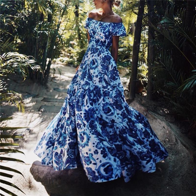 Fashion One Word Collar Printing Evening Dresses