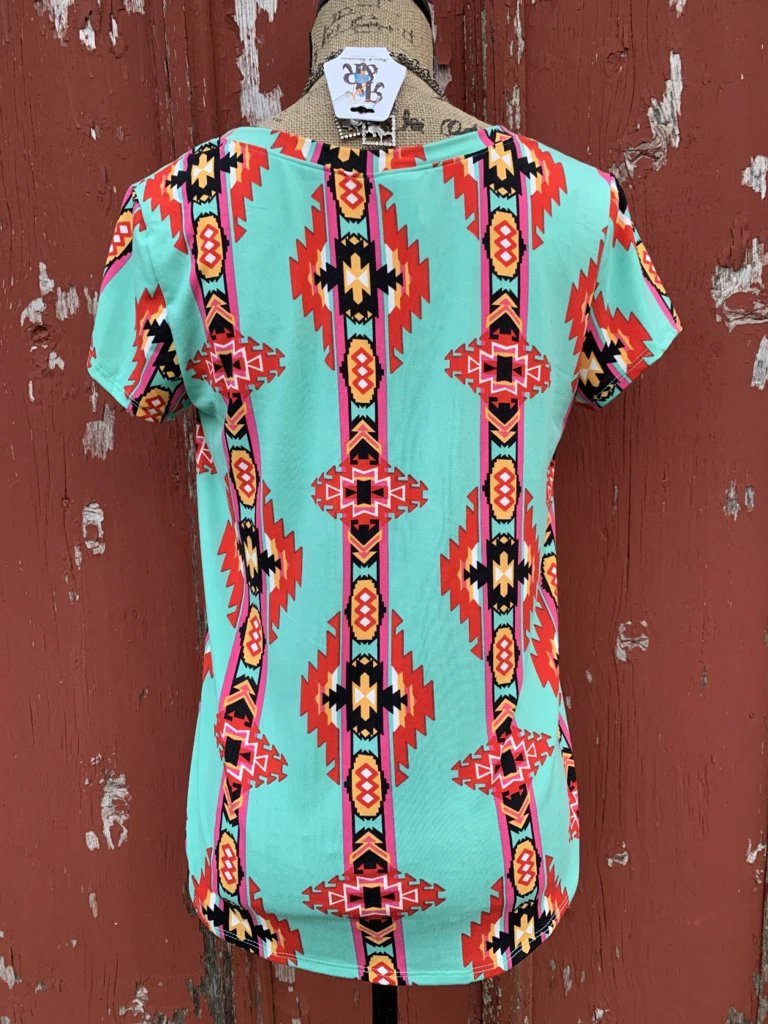 Green Printed Geometric Short Sleeve Shirts & Tops