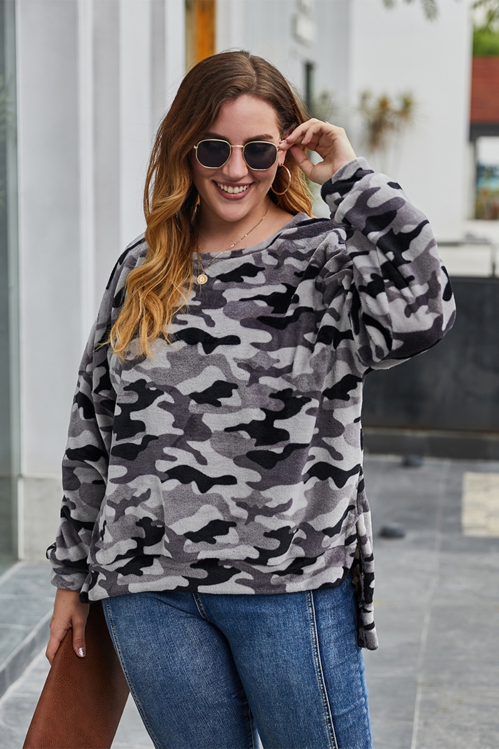 Plus Size O Neck Camou Shirt with Slit Sides