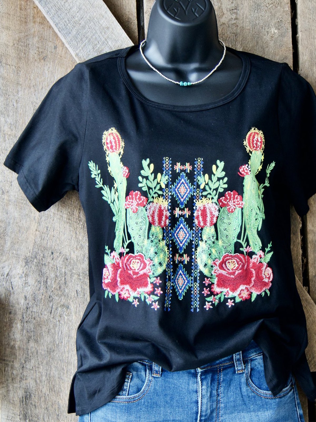 Vintage Cactus Crew Neck Short Sleeve Shirts & Tops