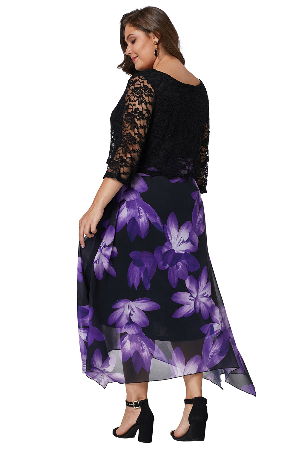 Black Plus Size Floral Dress With Lace Overlay