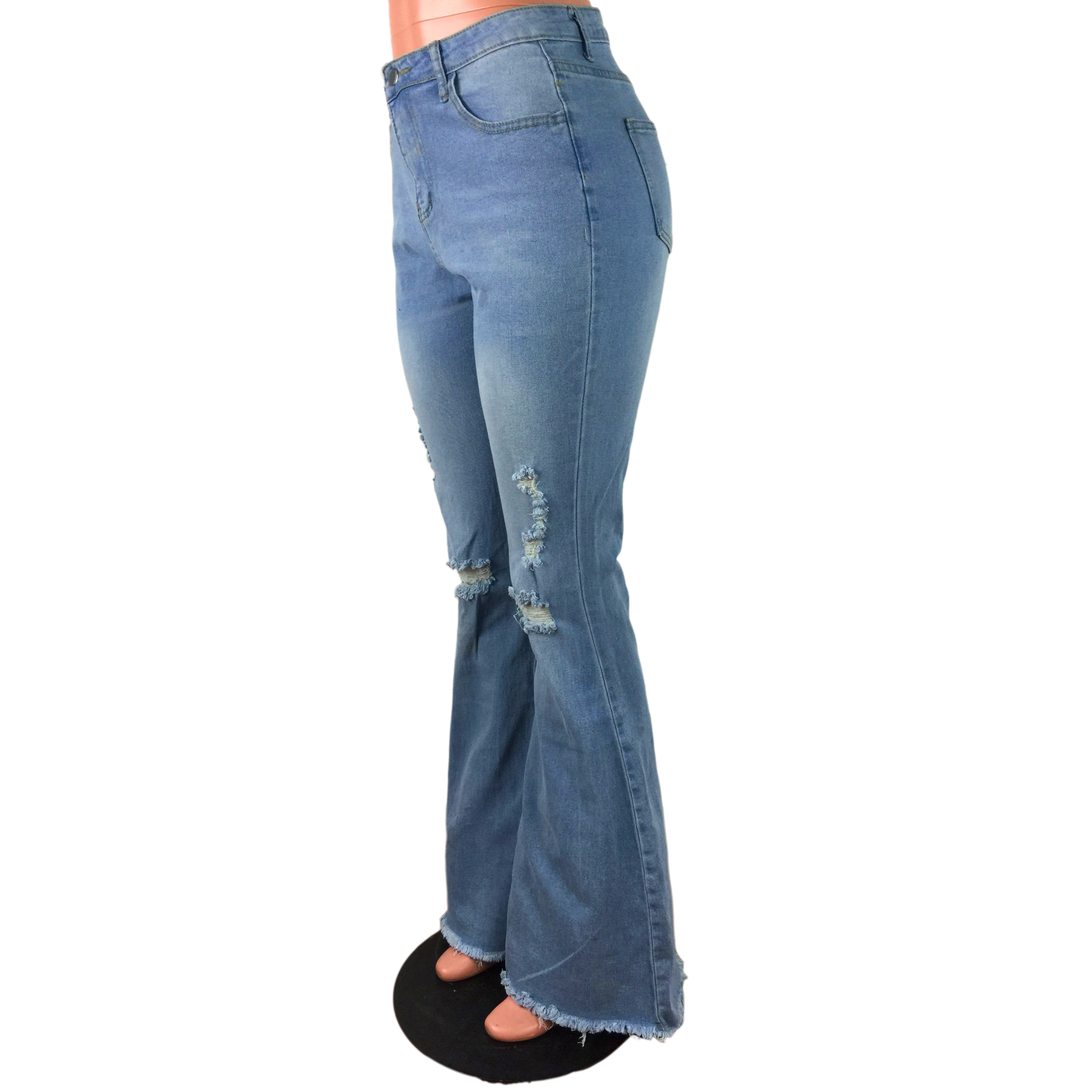 Autumn High Waist Blue Ripped Flare Jeans