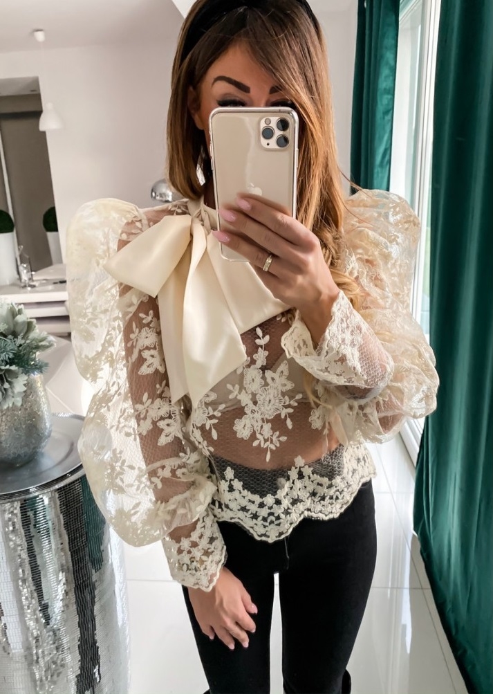 Romantic Floral Mesh Shirt with Pop Sleeves