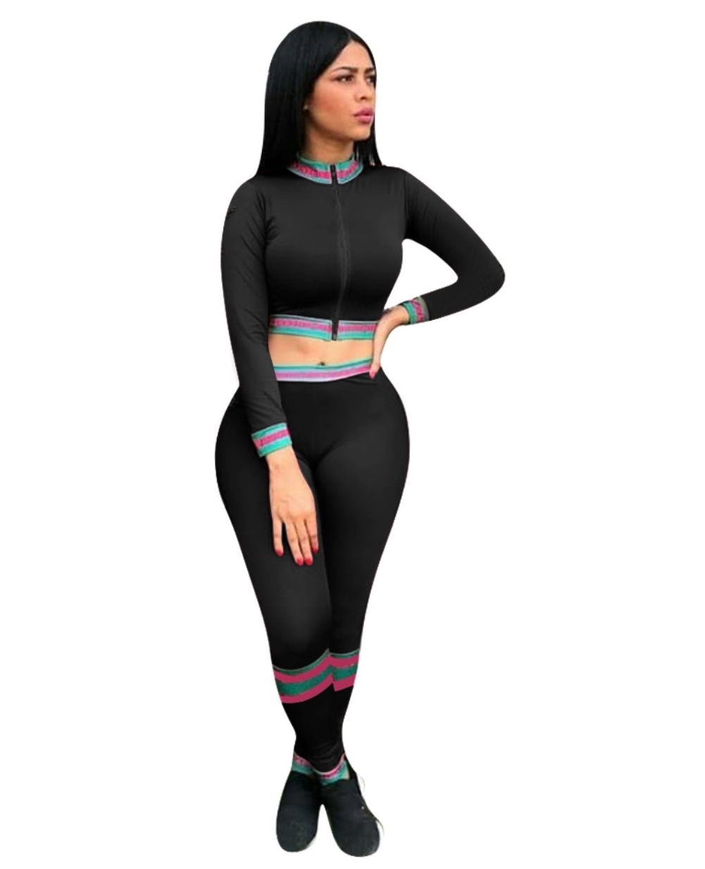 Sexy Black Long Sleeve Zipper Crop Top and Matching Pants