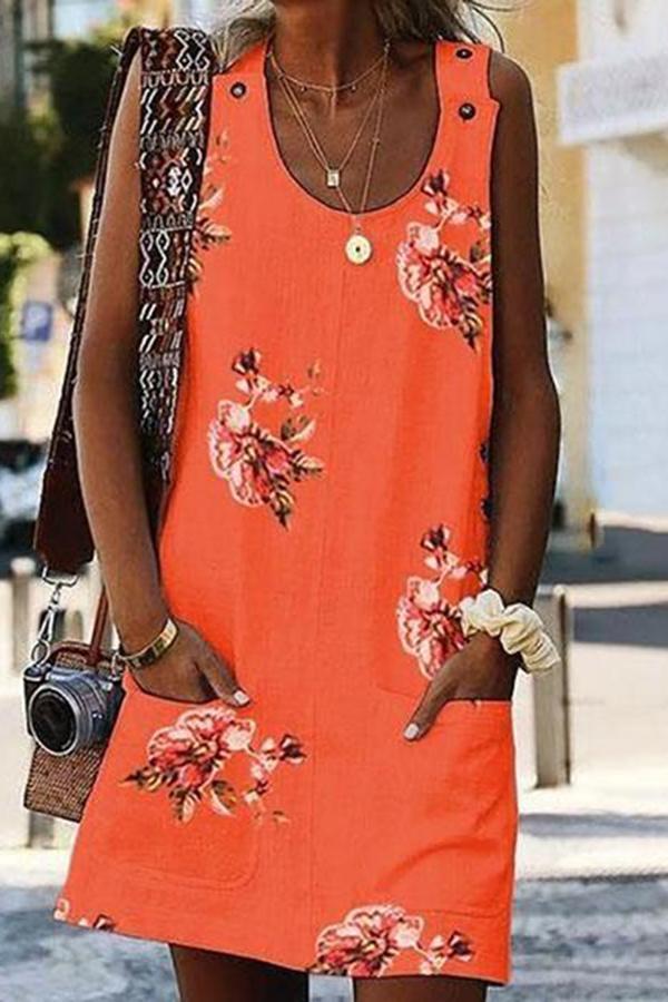 Printed Casual Loose Round Collar Waistcoat Skirt