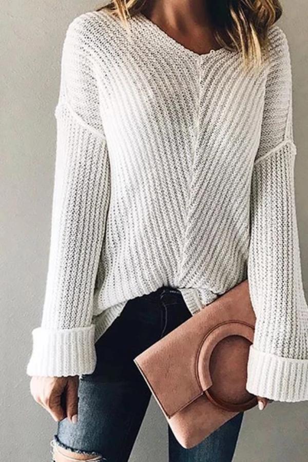 Brief V Neck Long Sleeve Pure Colour Hollow Out Sweater