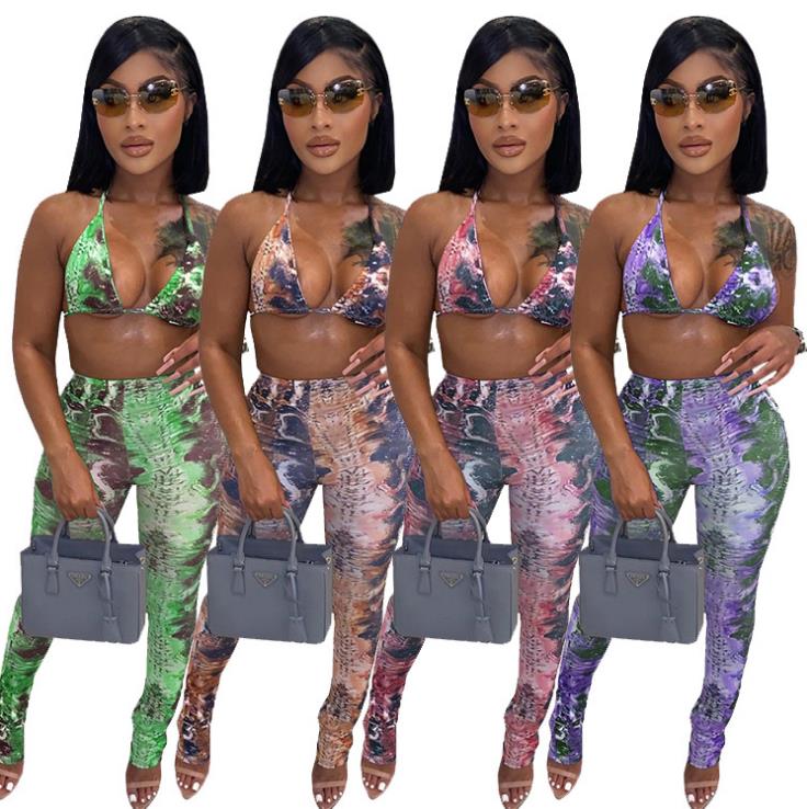Digital positioning printed burnt flower belly sexy 2-piece female set SZ8008