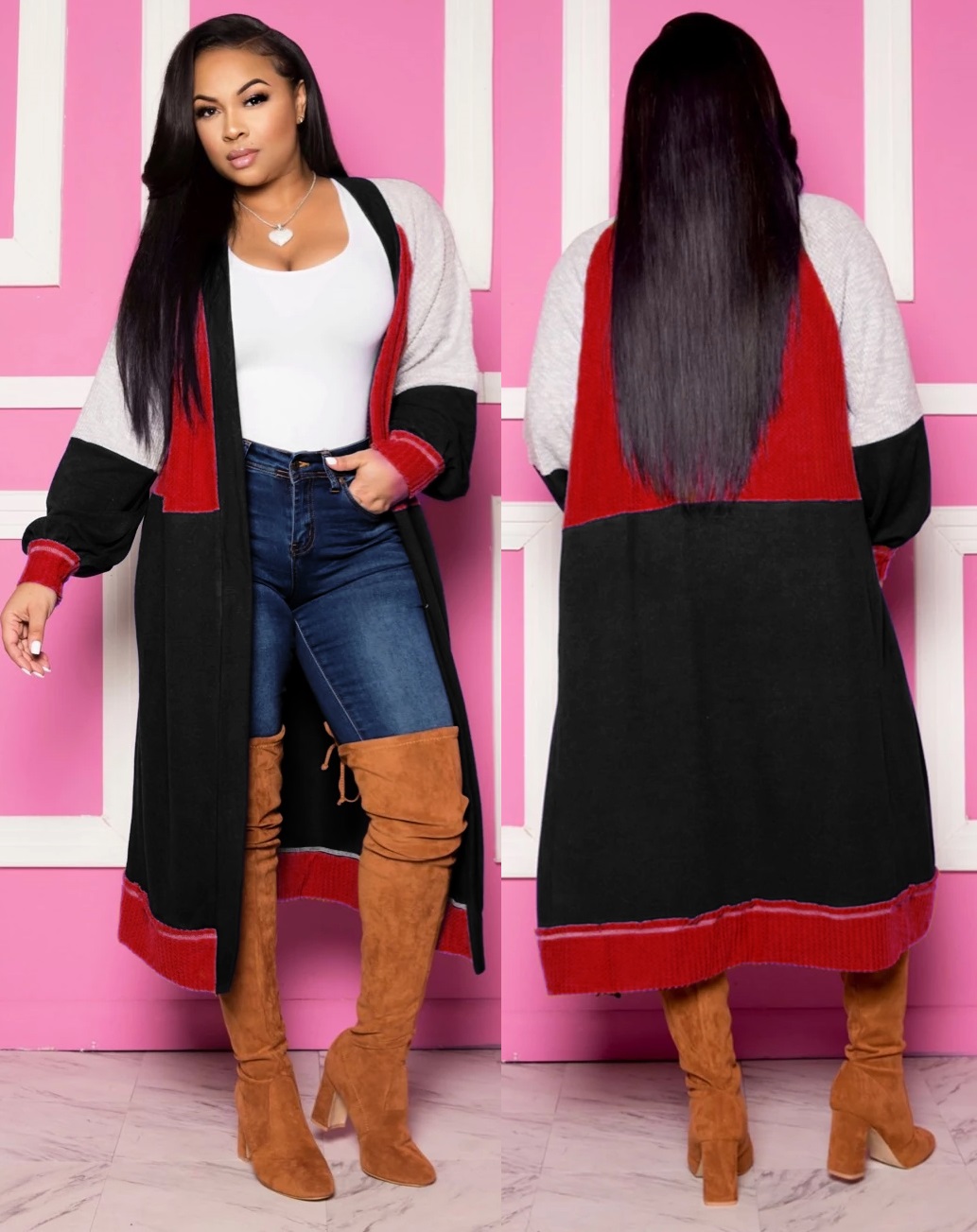 Autumn Contrast Color Long Cardigans with Full Sleeves