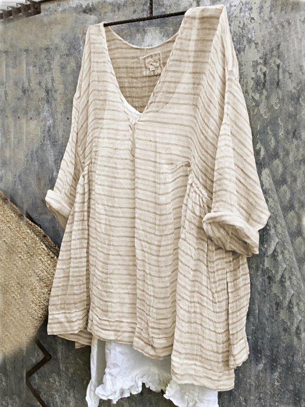 Casual 3/4 Sleeve V Neck Striped Bat Sleeve Tops