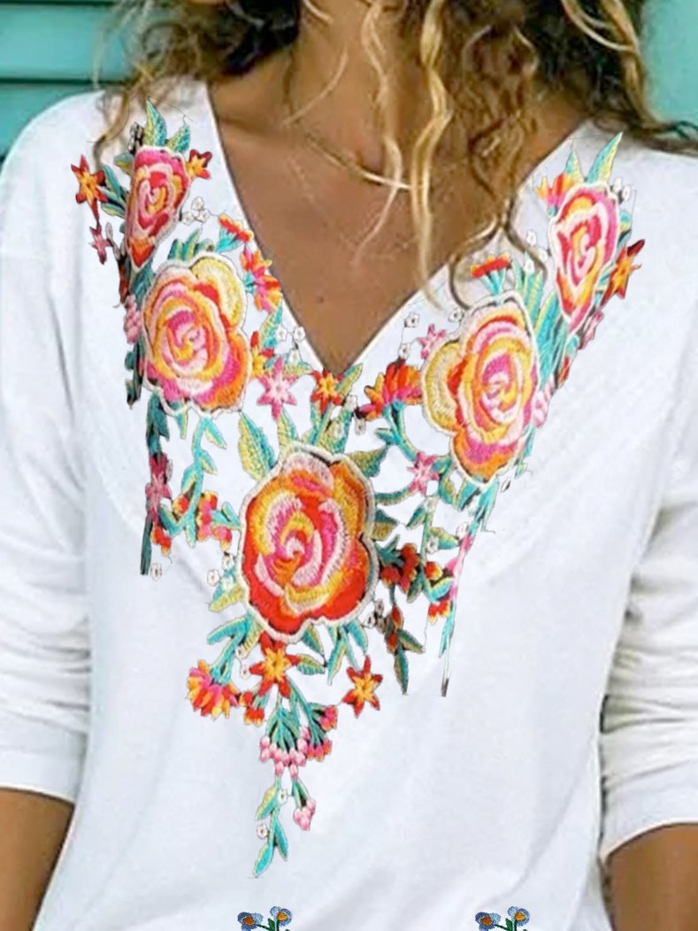 Long Sleeve Floral Casual V Neck Shirts & Tops