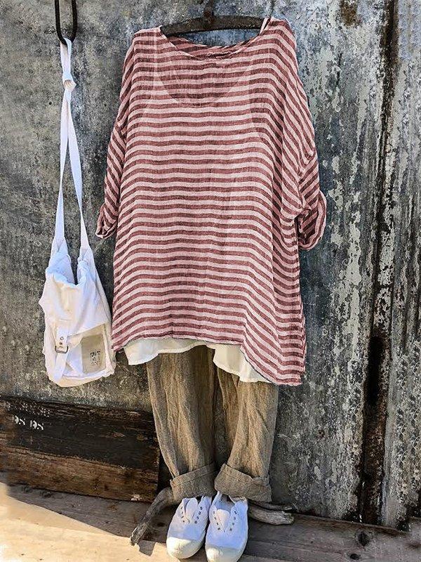 Casual Round Neck 3/4 Sleeve Striped Plus Size Bat Sleeve Tops