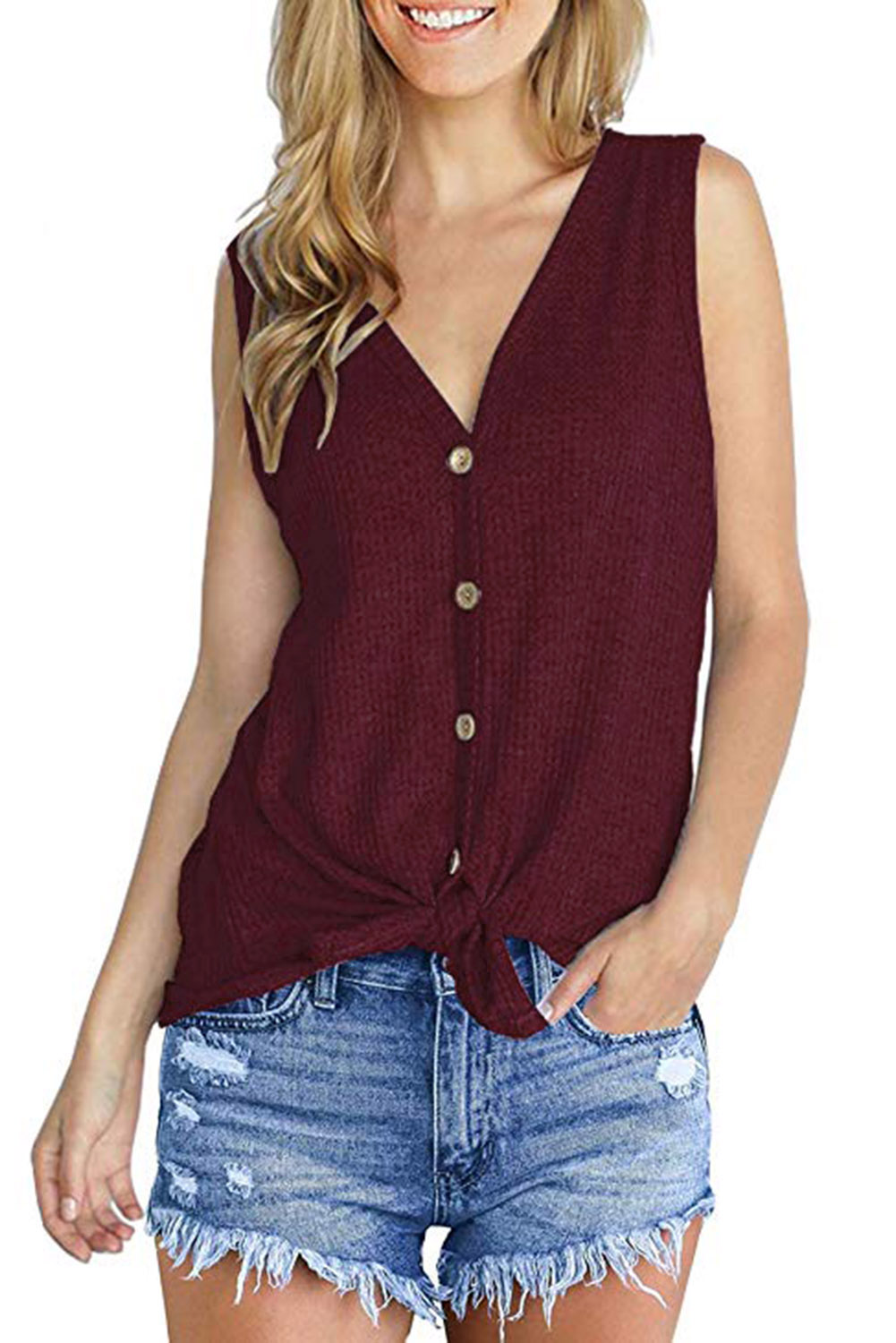 Red Waffle Knit Tie Knot Tank Top
