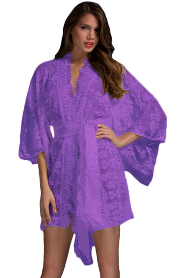 Purple Belted Lace Kimono Nightwear