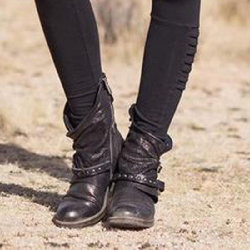 Women's casual buckle belt zipper boots