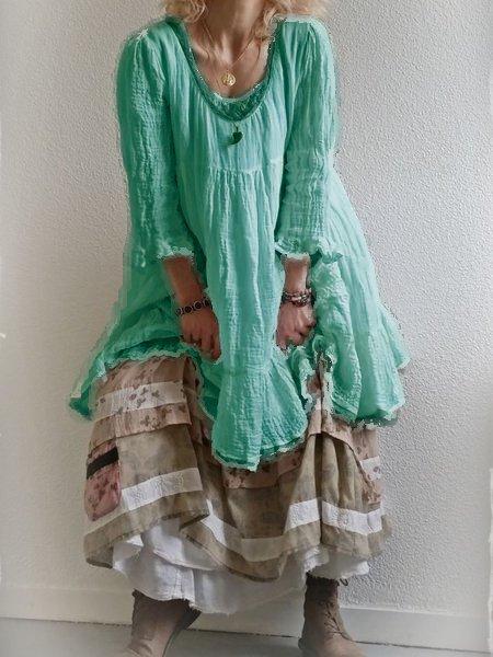 3/4 Sleeve Patchwork Casual Round Neck Dresses