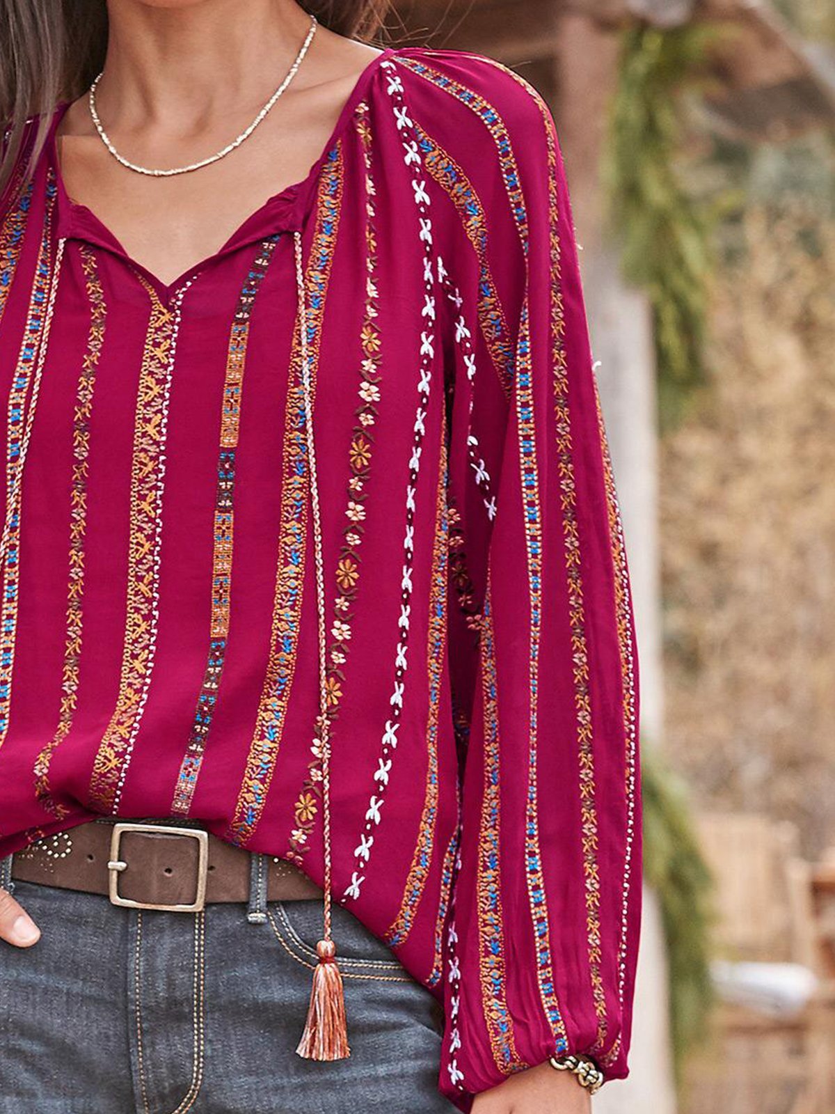 Printed V Neck Geometric Long Sleeve Shirts & Tops