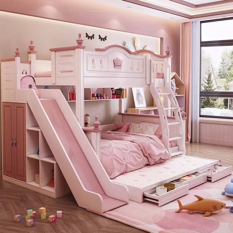 CHILDREN BED MODERN PINK PRINCESS BED KIDS BUNK BEDS DOUBLE GIRLS BEDROOM FURNITURE WOODEN AMERICAN STYLE HIGH QUALITY