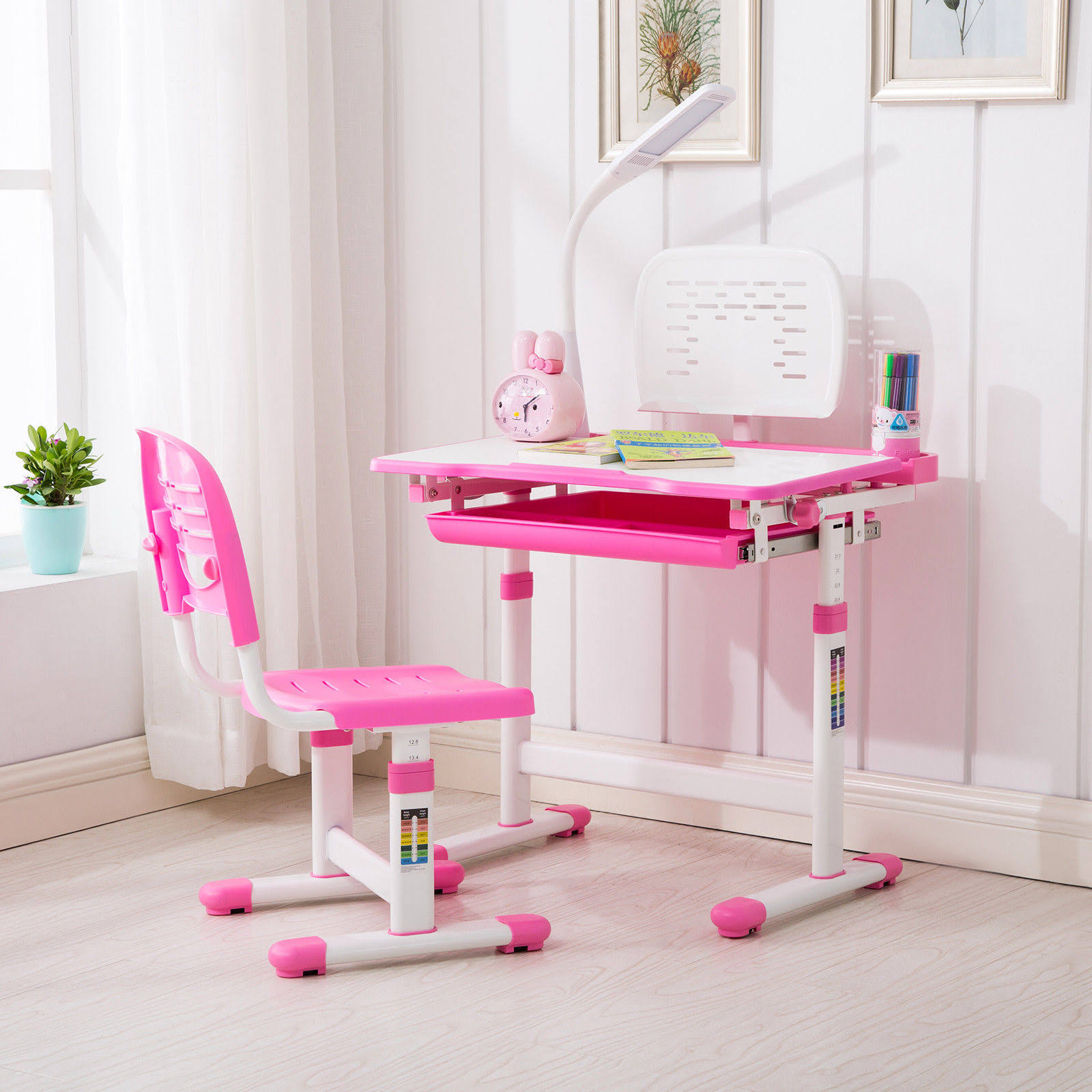 Pink Adjustable Children&s Study Desk Chair Set Child Kids Table with LED Lamp