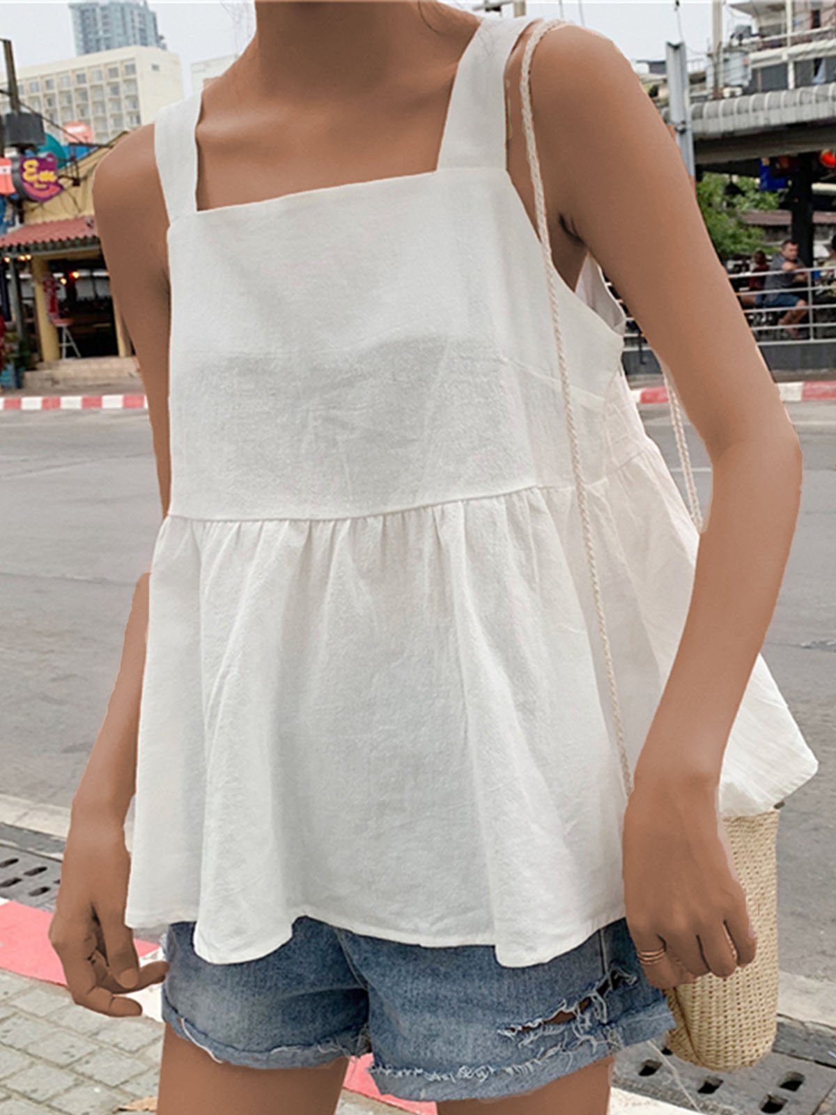 Plus Size Women Solid Square Collar Cotton Bow Tie Sleeveless Loose Casual Vest Top