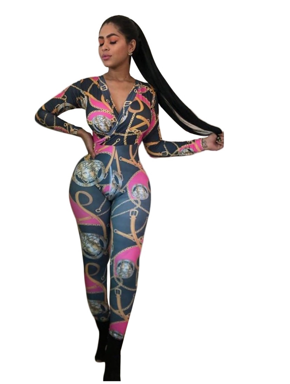 Print Long Sleeve Wrapped Bodycon Jumpsuit