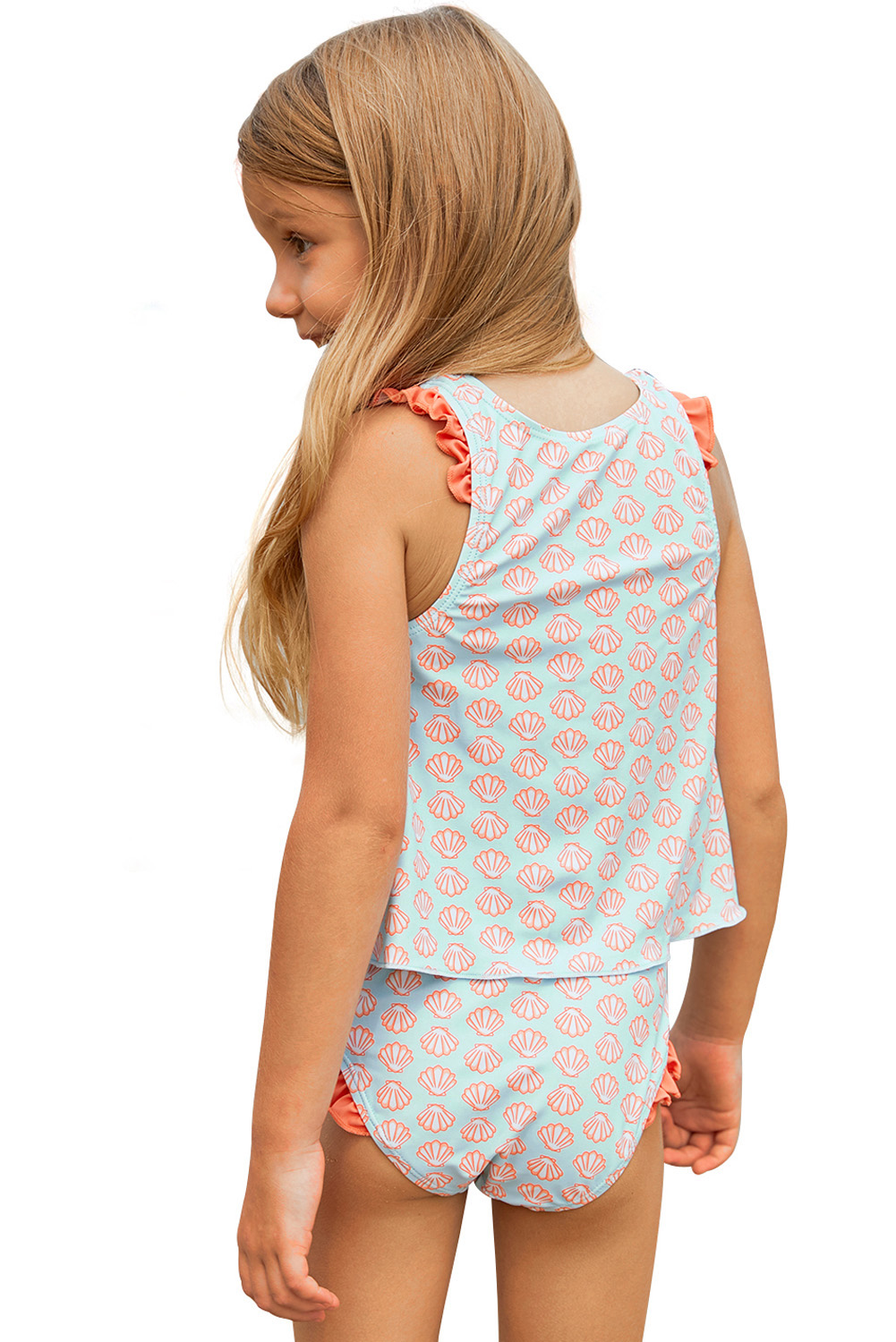 Light Blue Little Girls Tankini with Salmon Print