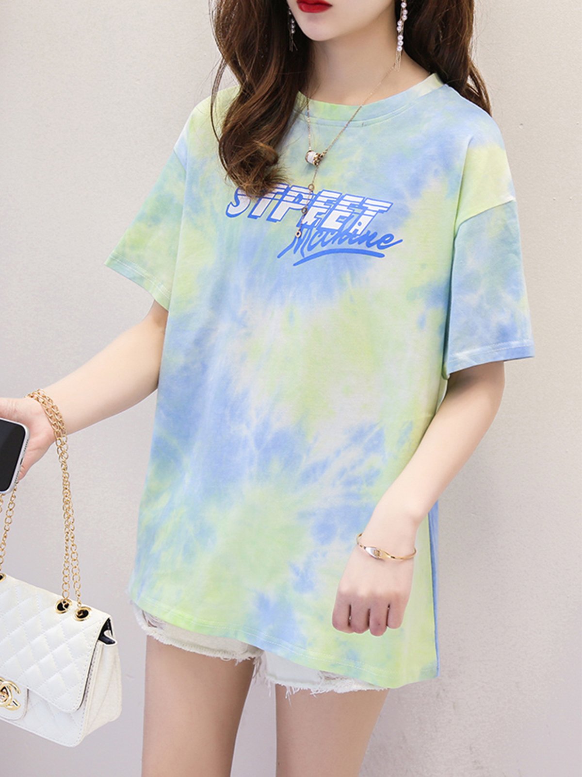 Women Short Sleeve Round Neck Vintage Gradient Tie Dyeing  Floral Casual Tops