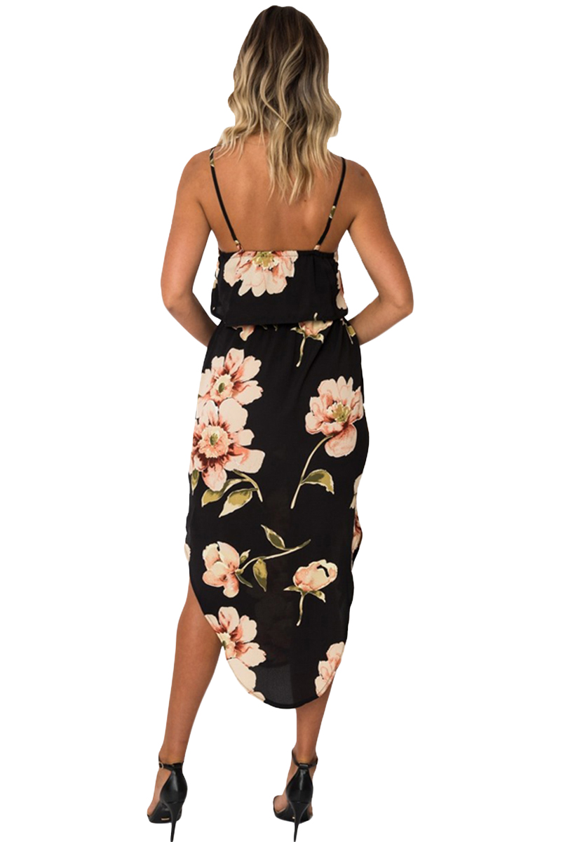 Black Floral Print Summer Holiday Party Boho Dress