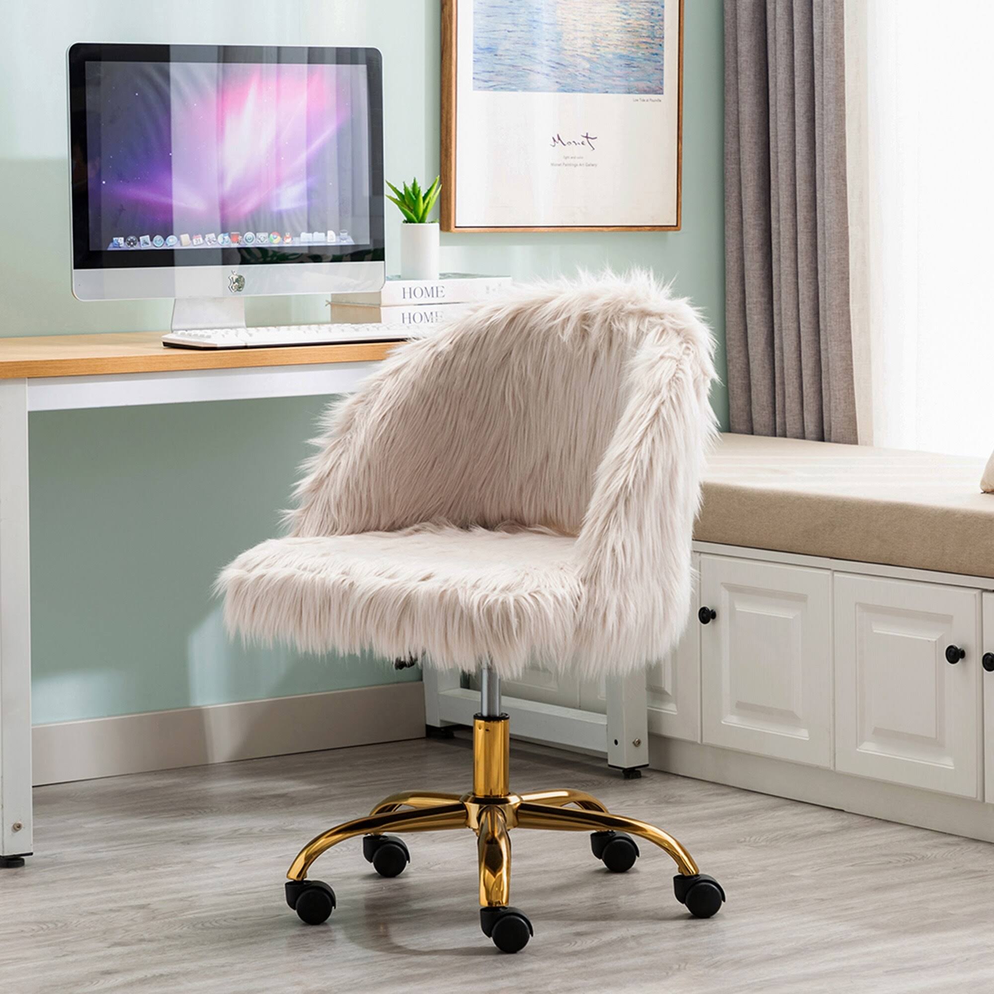Porthos Home Nara Swivel Office Chair , Shaggy Plush, Gold Metal Legs - Pink