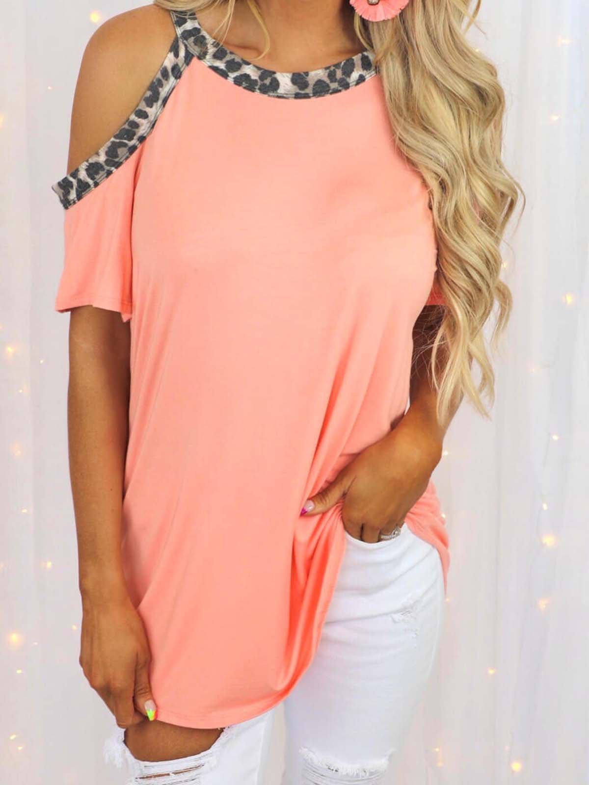 Short Sleeve Casual Leopard Shift Shirts & Tops