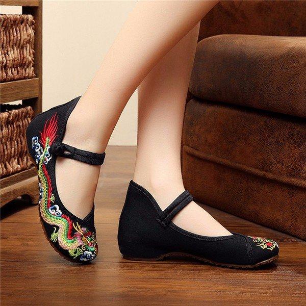 Colorful Vintage National Wind Chinese Embroidered Dragon Mary Janes Flat Shoes