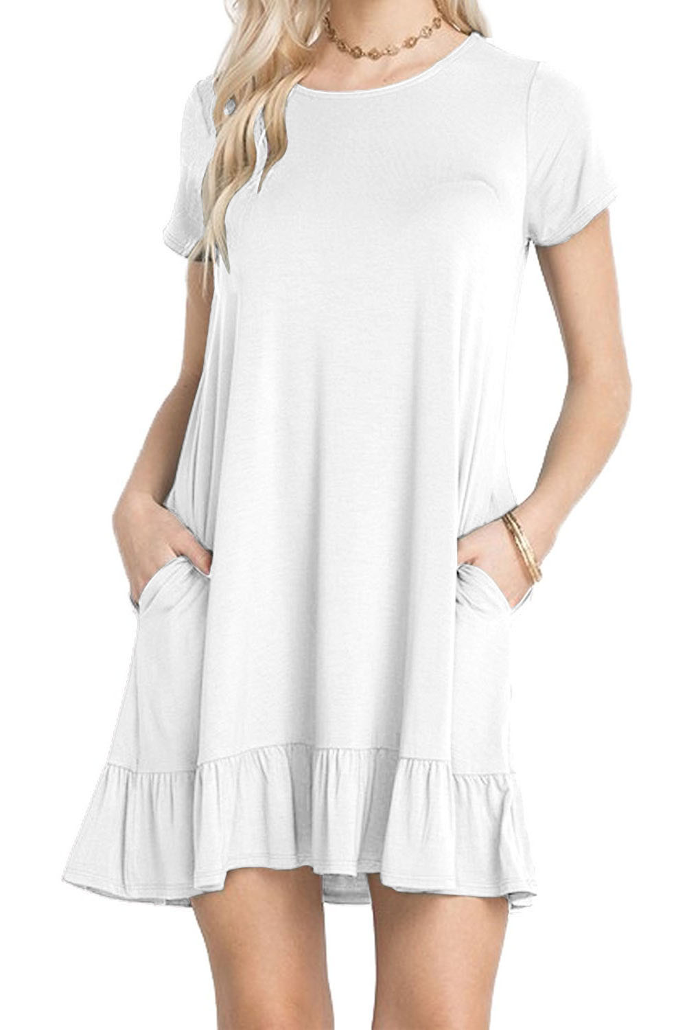 White Short Sleeve Draped Hemline Casual Shirt Dress