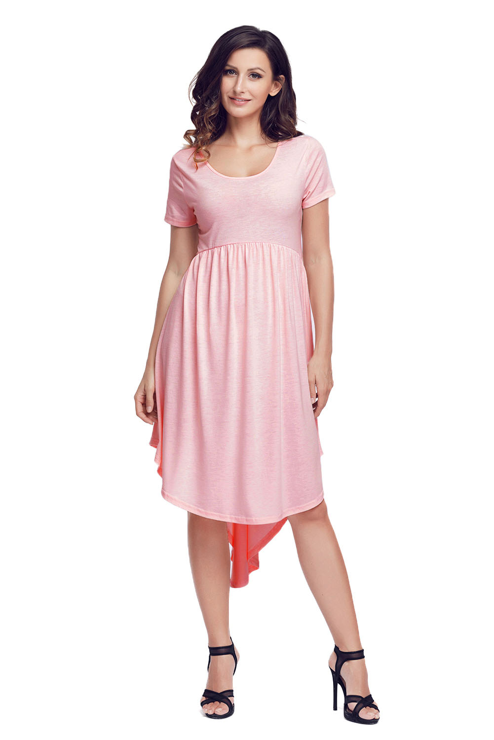 Pink Short Sleeve High Low Pleated Casual Swing Dress