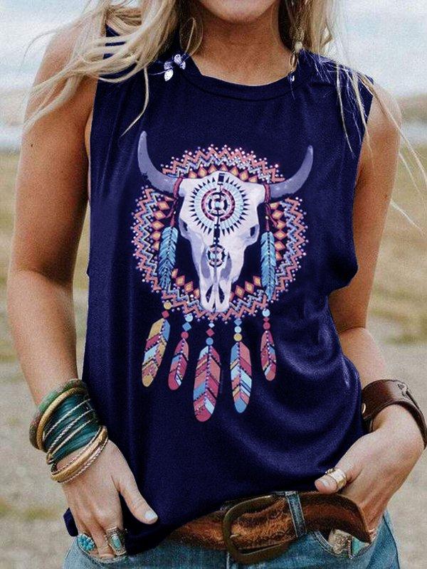 Round Neck Sleeveless Bull Head Print Casual Top
