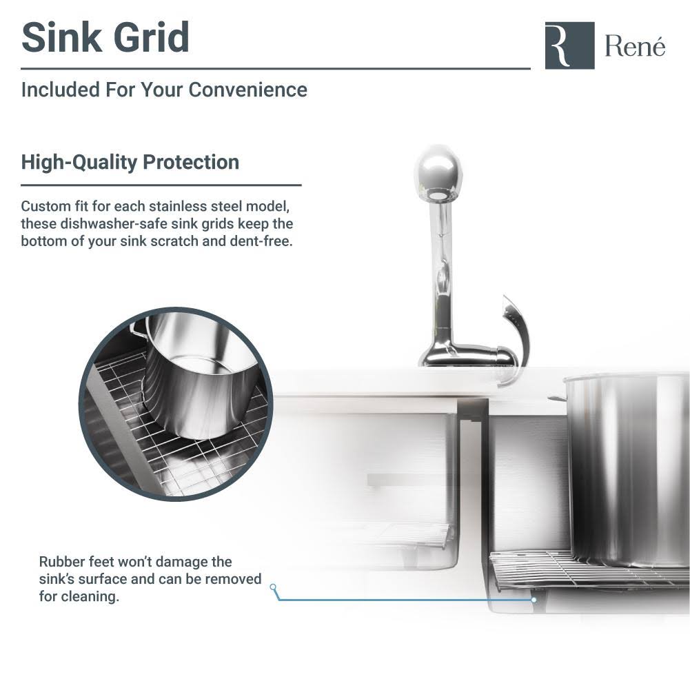 Rene R1-3003R-16 Offset Stainless Steel Apron Kitchen Sink in 16-Gauge with Two Grids and Two Strainers