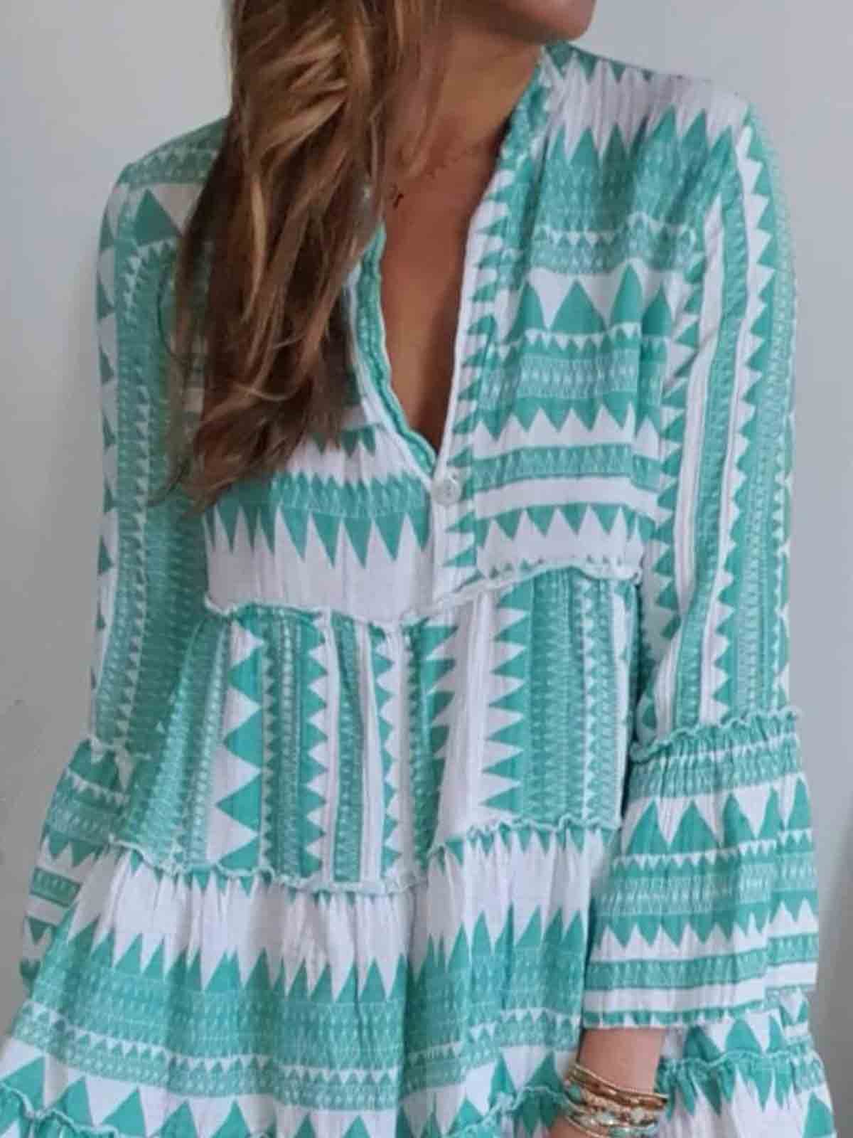 Green Cotton Long Sleeve Tribal Dresses