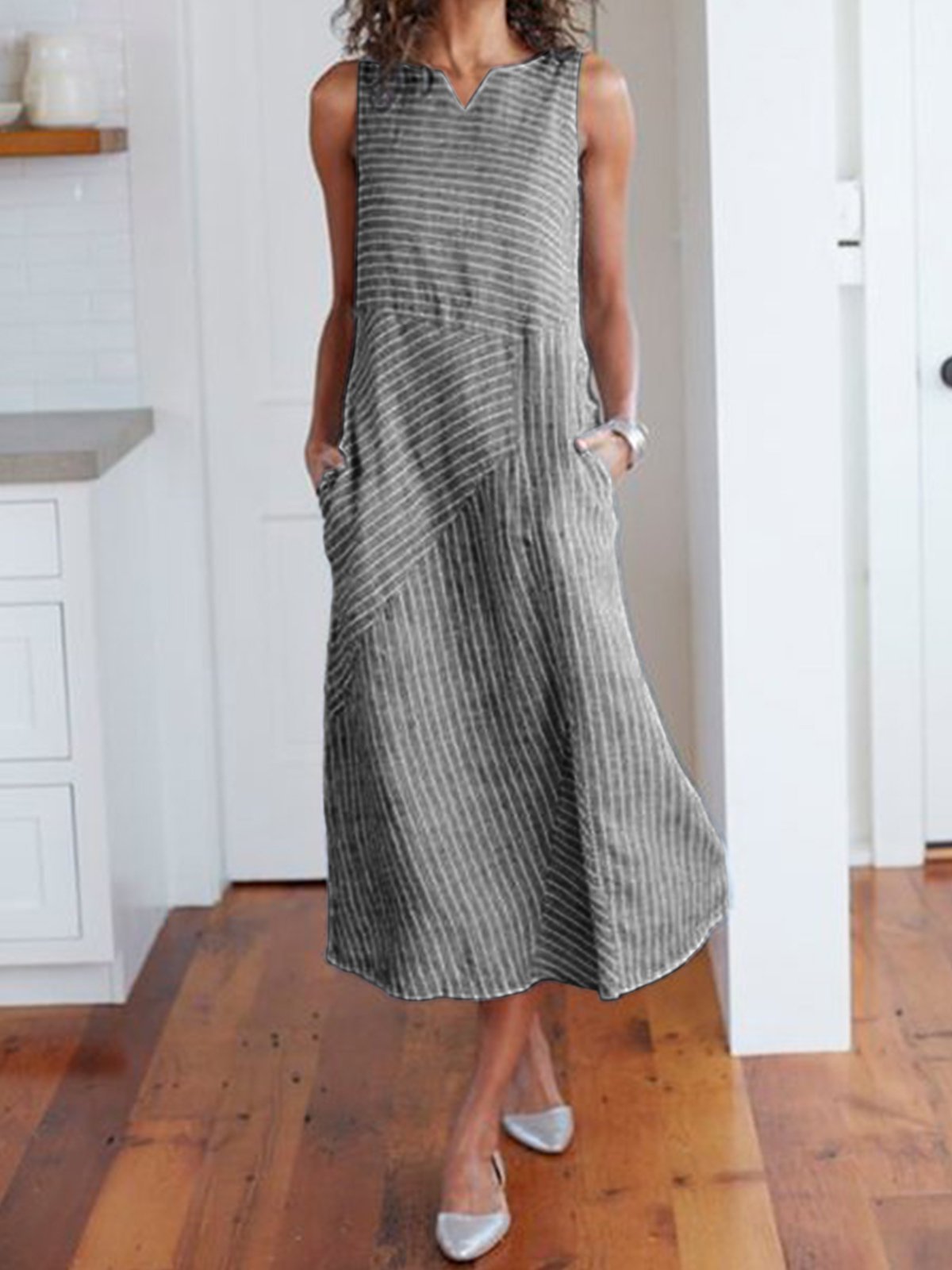 V Neck Striped Holiday Cotton Dresses