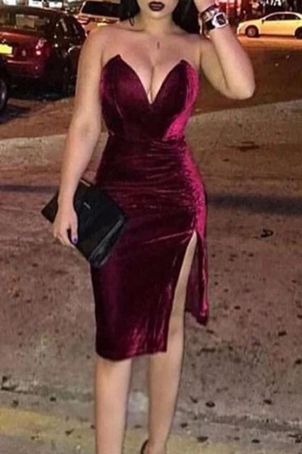Sexy Deep V Pure Colour Velvet Slit Slim Evening Dress