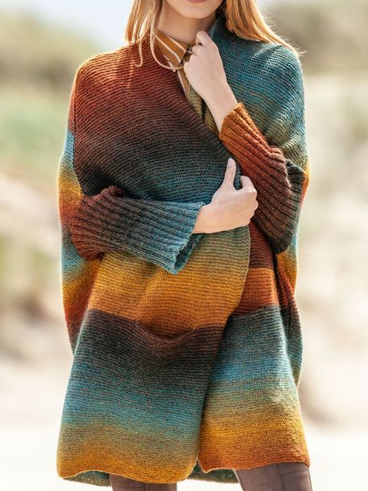 Color-Block Long Sleeve Knitted Casual Outerwear