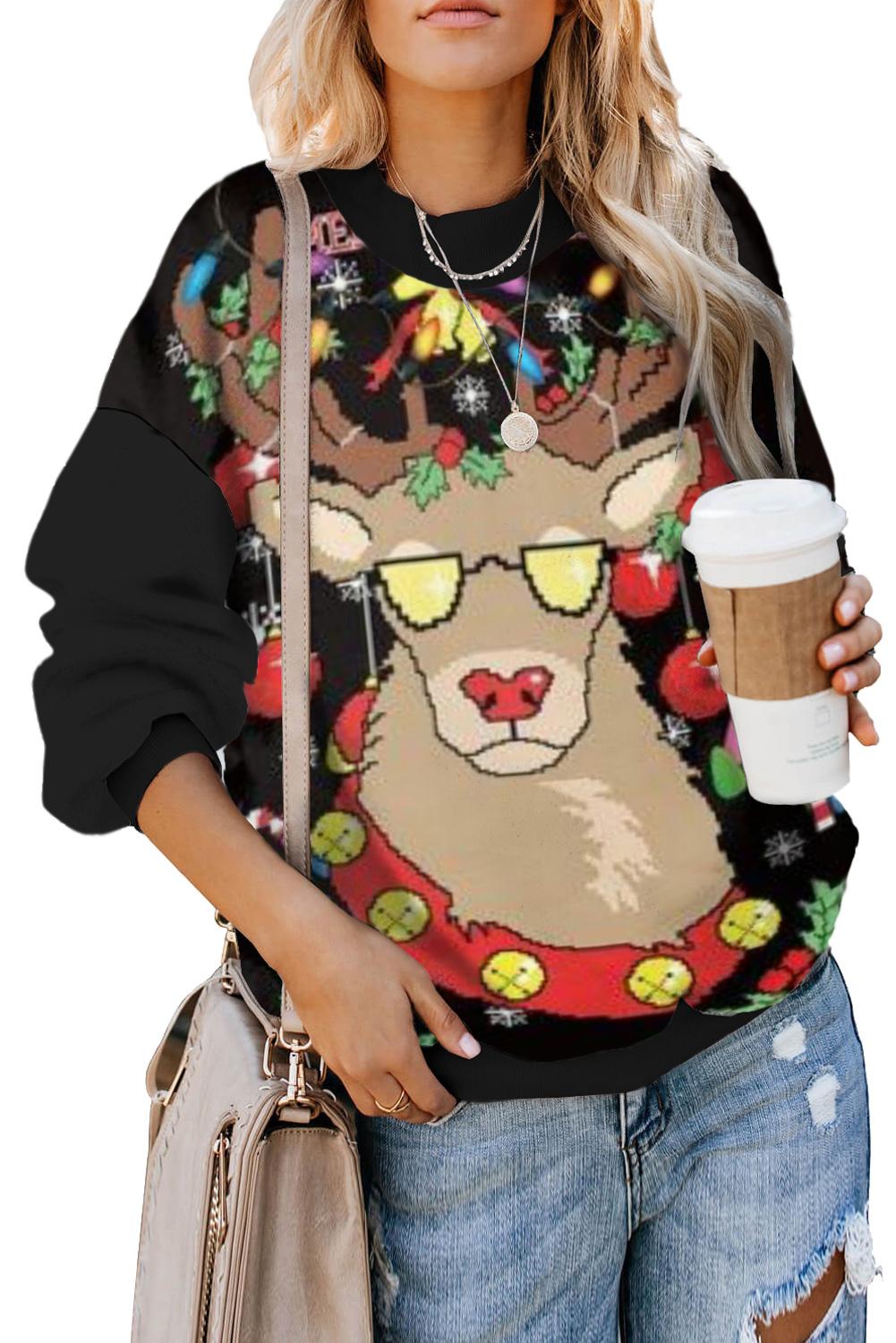 Black Merry Christmas Holiday Cartoon Print Sweatshirt