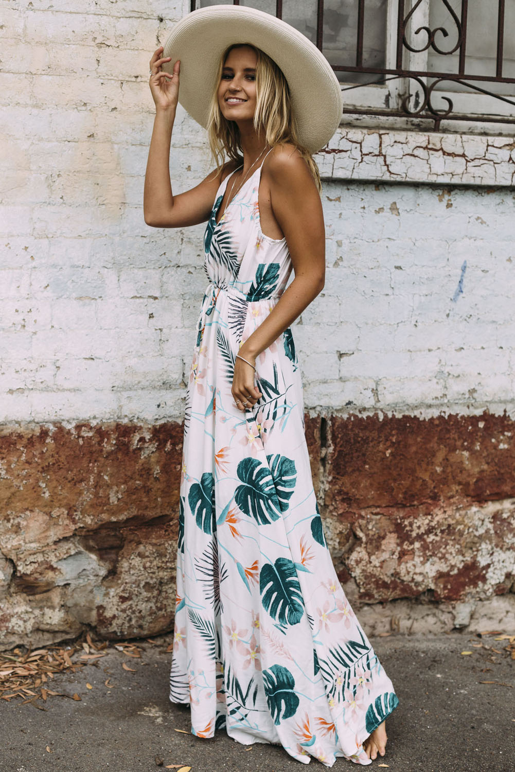 Foiled Flower Print Sexy V Neck Maxi Dress