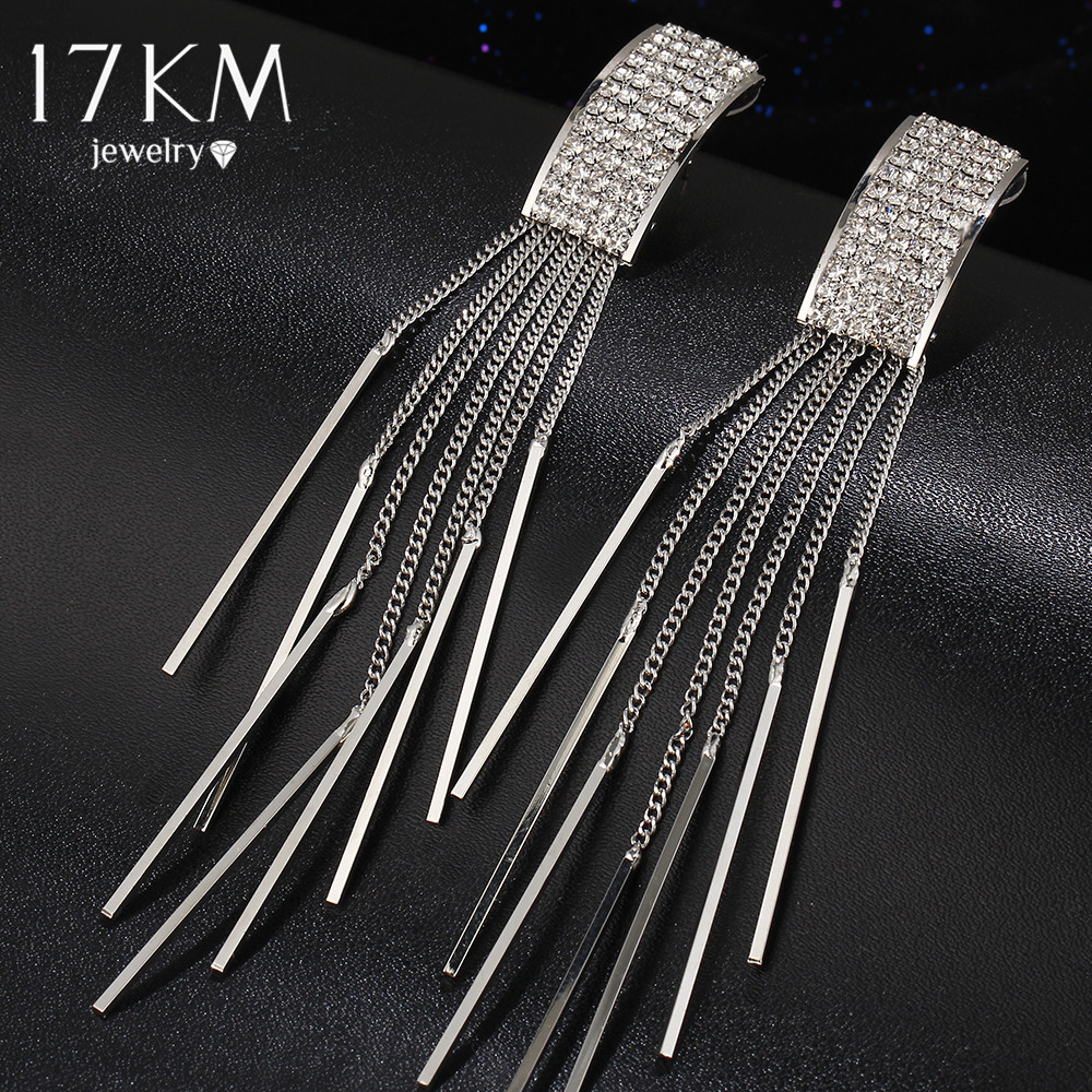 17KM Brand New Gold Color Long Crystal Tassel Dangle Earrings for Women Bar Wedding Drop Earing Fashion Jewelry Gifts
