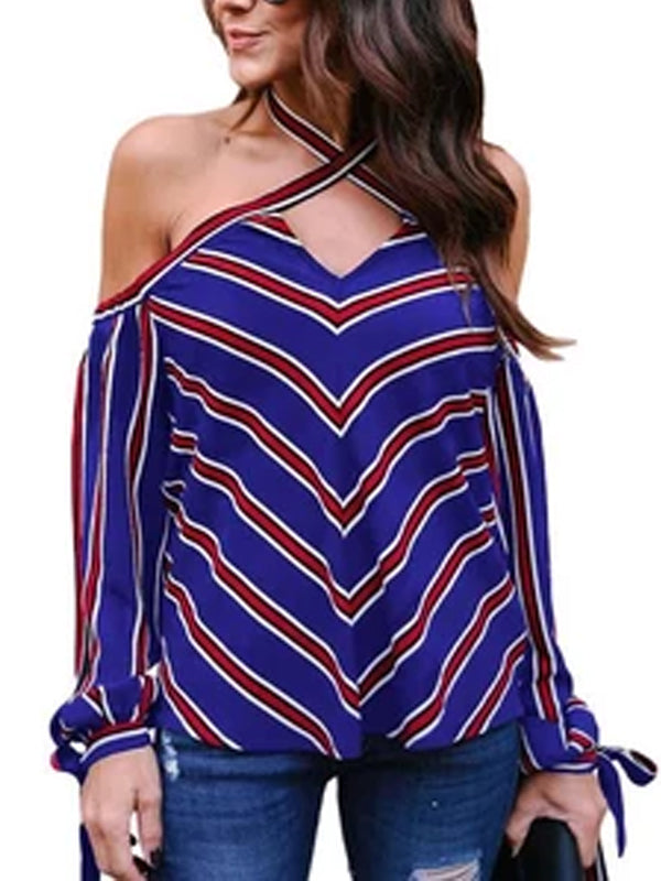 Striped Off-Shoulder Cross Tie Shirt