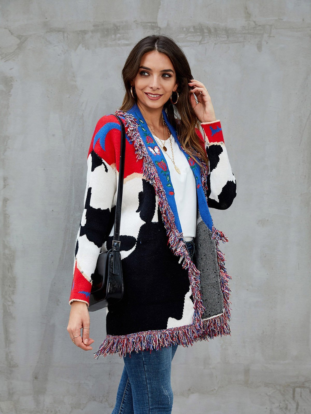 Red Shawl Collar Fringed Embroidered Cardigan